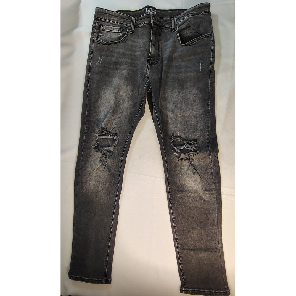 Lazer Slim Fit Distressed Ripped Jeans Mens 36x32 Faded Black Denim Stretch